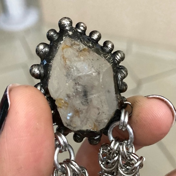 Big herkimer diamond crystal on handmade maille stainless steel chain boho goth - Picture 7 of 13